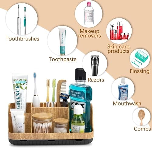 GFWARE Bathroom Organizers and Storage - Detachable 7 Slots Kids Electric Toothbrush and Toothpaste Holde Drainage for Bathroom Accessories Organization Counter Vanity Storage, Wood - Wood thumbnail 7