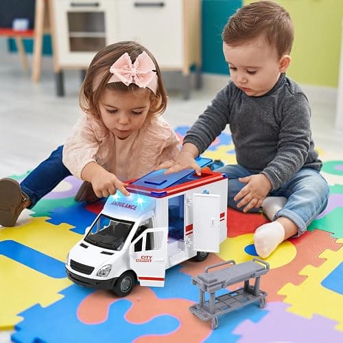 Toy Ambulance Boys Age 3-5 With 4 Different Flashing Lights & Sound, Back And Side Doors Open Friction-Powered Wheels Light Up Toy Hospital Sets Buses Birthday Gift 3 4 Year Old And Up Girl Boy Toys thumbnail 2