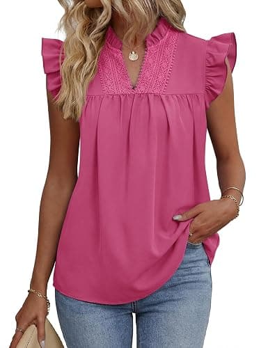 AKEWEI Womens Summer Ruffle Sleeve Lace Embroidered V Neck Work Blouses Pleated Tank Top - Image 1
