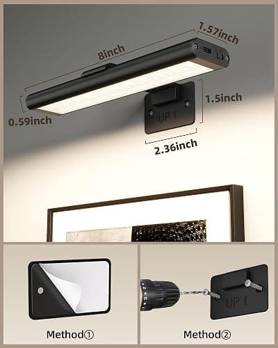 EZVALO Picture Light for Wall, Rechargeable 2400mAh Battery Lights Wireless with IR Remote, 3 Color & Dimmable Magnetic 7.8'' LED Lights Display for Painting, Living Room, Gallery, Bedroom(Black-3P) thumbnail 2