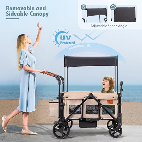 Stroller Wagon for 2 Kids with Footwell, Foldable All-Terrain Wagon Stroller with Adjustable Push/Pull Handle, Parent Organizer, 5-Point Harness, Ideal for Travel & Outdoor Adventures (Clasic Oat) thumbnail 7