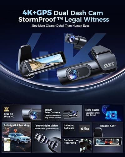 OVAMAN K600 4k Dash Cam Front and Rear, 3.59" IPS Screen, Built-in GPS 5G WiFi Dash Camera for Cars with App, UHD 2160P Night Vision Free 64G SD Card, 170° Wide Angle, HDR, 24H Parking Mode thumbnail 2