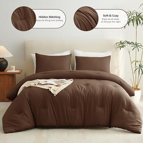 CozyLux Oversized Queen Comforter Set Brown, 3 Pieces 98x98 Solid Breathable Quilted Bedding Sets for All Season, Luxury Soft Lightweight Bed Set with Down Alternative Comforter and 2 Pillowcases thumbnail 2