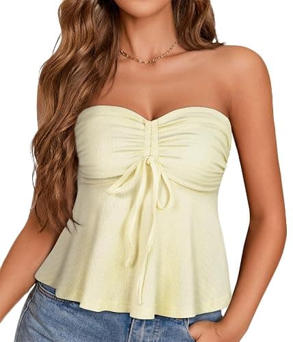 Tube Tops for Women Strapless Tie Front Ruched Tops Peplum Flared Hem Casual Bandeau Top - Image 1