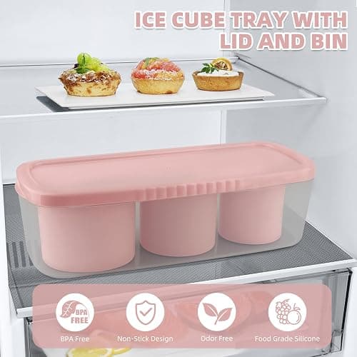 Fu Store Ice Cube Tray for Tumbler Cup 30-40 oz Tumbler 3pcs Silicone Ice Cube Molds With Lid and Bin for Chilling Cocktails Whiskey Drinks Juice Coffee Easy Fill and Release Ice Maker (Pink，40 oz) thumbnail 4