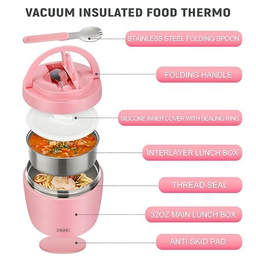 Soup Thermo for Hot Food Adults 32OZ Lunch Containers Wide Mouth Hot Food Jar Vacuum Insulated Stainless Steel Bento Box Leakproof with Spoon (Light Pink) thumbnail 4