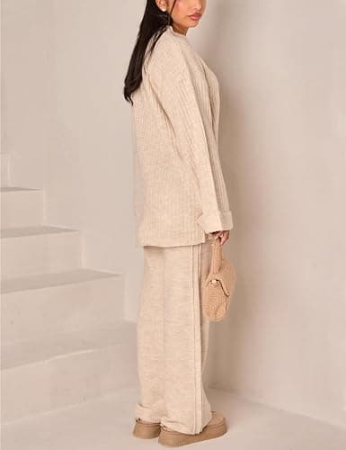 HYLLGUD Womens Sweater Sets 2 Piece Outfits round neck Pullover Wide Leg Pant Slouchy Loungewear thumbnail 4