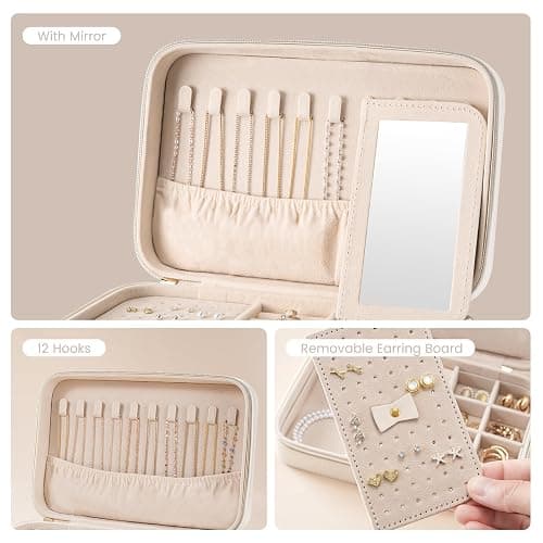 Lolalet Travel Jewelry Case for Women Girls, Travel Jewelry Organizer Box with Mirror & Clear Storage Bag, Small Portable Earring Necklace Bracelet Ring Case, Birthday Valentine Gifts -Medium, White thumbnail 5