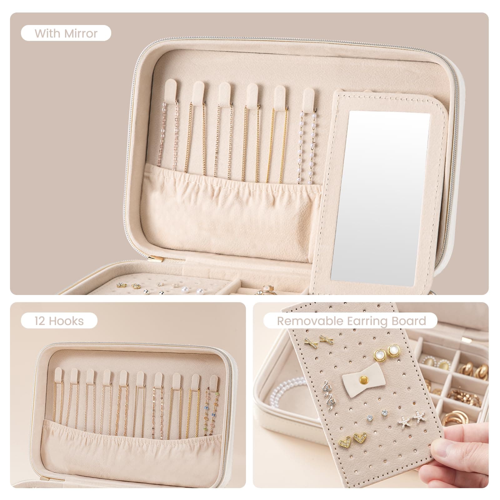 Lolalet Travel Jewelry Case for Women Girls -Medium, White | Jewelry Box Organizer for Travel Essentials, Mirror & Clear Storage Bag, Earring Necklace Bracelet Ring Holder, Ideal Gift thumbnail 5