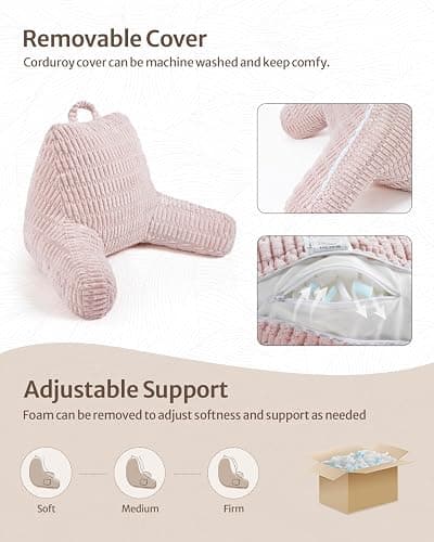 Blissful Diary Reading Pillow, Backrest Pillow with Shredded Memory Foam for Adult & Children, Designed for Bed and Couch Sitting Up, Includes Arms, Pockets and Washable Cover, Pale Pink thumbnail 5