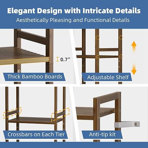 HITNET Bamboo Book Shelf, Tall Narrow Bookcase, Bathroom Shelving Unit 5 Tier Floor Standing Adjustable Bookshelf for Small Spaces, Walnut thumbnail 6