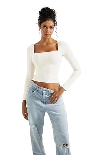 SUUKSESS Women Square Neck Long Sleeve Tops Double Lined Going Out T Shirts thumbnail 4
