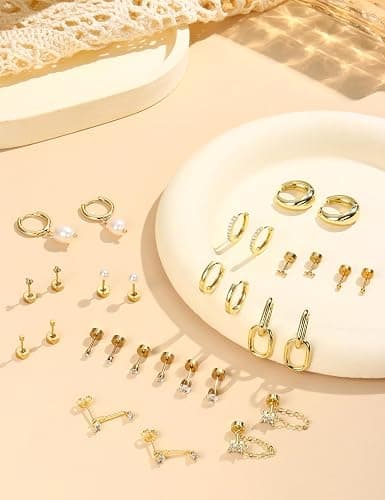 LOLIAS Flat Back Earrings for Women Hypoallergenic Surgical Steel Earrings for Sensitive Ears-20G Cartilage Earring Stacks 14K Gold Plated Hoops Flatback Stud Earring Sets for Multiple Piercing thumbnail 8