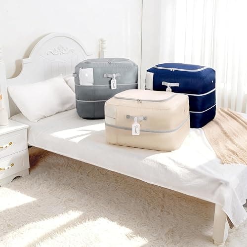 Easortm Comforter Storage Bag - 110L Large Capacity Blanket Storage Bags 2-Layer Ultra Space Saving Self Compression Organizer, Washable Compression Bags for Storage Comforter Blanket, 4-Pack, Beige thumbnail 7