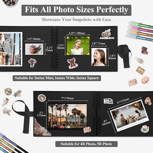 DazSpirit DIY Scrapbook Photo Album with Ribbon, 80 Pages/40 Sheets Scrap Book Rectangle Hardcover Photo Book, With 12 Marker Pens & 7 Stickers, Ideal for Scrapbooking, Arts, Crafts and DIY, Black thumbnail 5