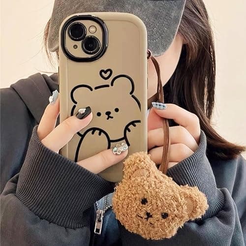 Cute Brown Teddy Bear Pattern Phone Case with Kawaii 3D Cartoon Bear Hangings iPhone 15, Non-Slip Design and Shock Absorption, Phone Case for Teen Girls, Boys, Women and Men(iPhone - 15) thumbnail 7