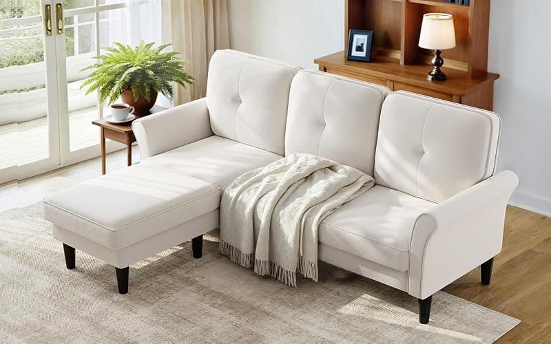 Welzona Sectional Couches for Living Room, 83" Velvet Modern 3 Seater Sofa, L Shaped Couch with Ottoman, Small Sectional Couch Sofas for Living Room, Bedroom, Apartment, Office, Beige Sofa - Beige White - 83" L Shaped - Image 1
