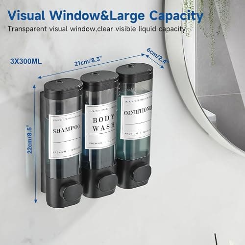 Shampoo and Conditioner Dispenser,Shower Soap Dispenser 3 Chamber No Drill Wall-Mounted Shampoo Dispenser for Shower Wall Mounted Shower Dispenser for Bathroom Hotel Large Capacity,Black thumbnail 2