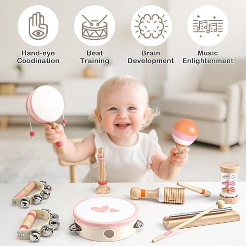 Musical Toys for 2 3 Year Old Girl Birthday Gifts, Wooden Montessori Toys for 2 Year Old, 8 in 1 Musical Instruments for Toddlers with Drum/Hand Bells/Flute/Maracas, Preschool Toys for Baby 18+ Months - 8 - Piece Pink Wooden Set thumbnail 3