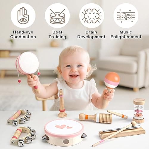 Musical Toys for 2 3 Year Old Girl Birthday Gifts, Wooden Montessori Toys for 2 Year Old, 8 in 1 Musical Instruments for Toddlers with Drum/Hand Bells/Flute/Maracas, Preschool Toys for Baby 18+ Months thumbnail 4