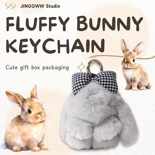 JINGGWW Fluffy Bunny Keychain Plush, Cute Plush Rabbit Keychain, Kawaii Fluffy Shy Face-Covering Bunny Keyring thumbnail 2