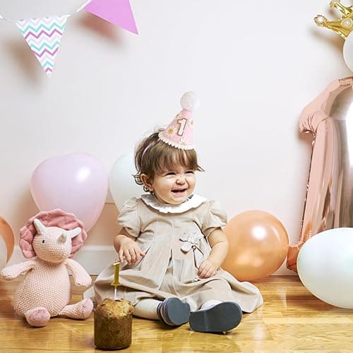 Yoolhamy 1st Birthday Hat for Baby Girls Boys, Boho First Birthday Hat, Handmade One Birthday Crown Conical Cap Decorations - Daisy Pink thumbnail 4