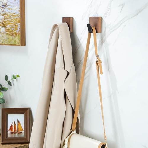 DELITON Adhesive Towel Hooks,Wall Hooks for bathrooms Without Drilling, Wood Wall Hooks for Hanging Robe, Towel, Bag Stick on Farmhouse Bathroom Bedroom Entryway 4 Packs Burned Brown thumbnail 4