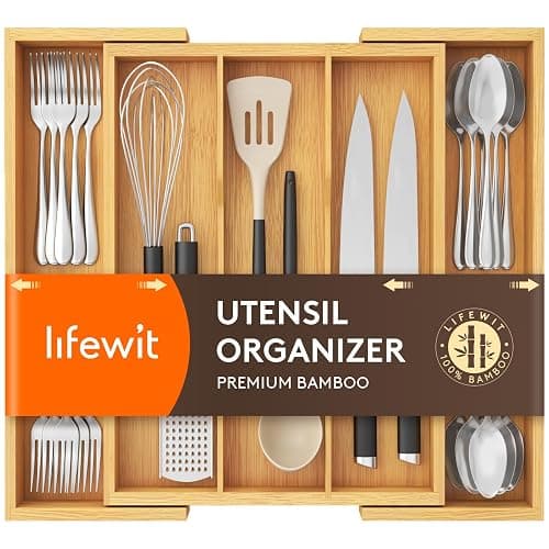 Lifewit Utensil Organizer for Kitchen Drawer, Expandable Cooking Utensil Tray, Bamboo Cutlery Silverware Flatware Holder, Adjustable Spatula Tools and Gadgets Storage Divider, Large, Natural - Image 1