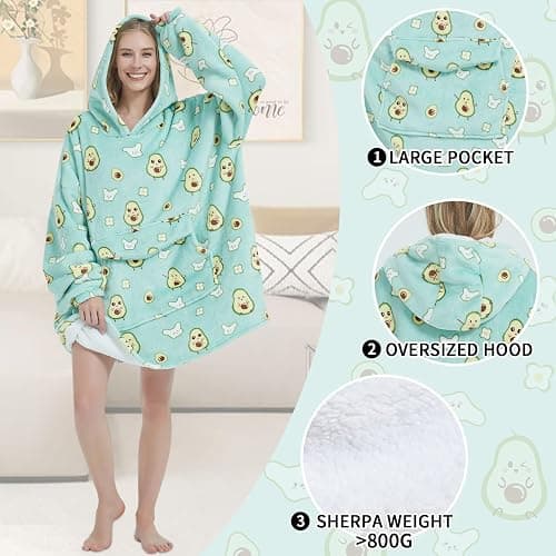 Mewkou Wearable Blanket Hoodie for Adult,Oversized Sherpa Fleece Blanket Hoodie for Women Men,Cute Avocado thumbnail 3