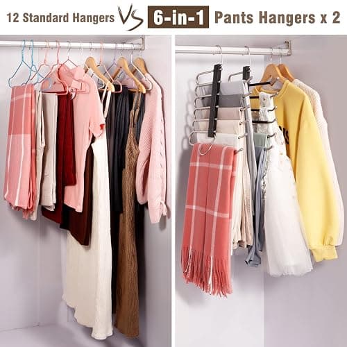 HUITEM 4 Pack 6-Tier Space Saving Pant Hangers, Anti-Slip, Lightweight, Stainless Steel, Black, 6 Pairs Jeans Hangers - 4 Pack - Black thumbnail 6