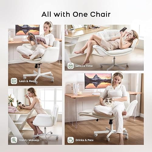 amseatec Criss Cross Chair with Armrests & Wheels, PU Leather Vanity Chair, Comfortable Adjustable Swivel Computer Office Desk Chairs for Home, Make Up, Bed Room (White) thumbnail 3