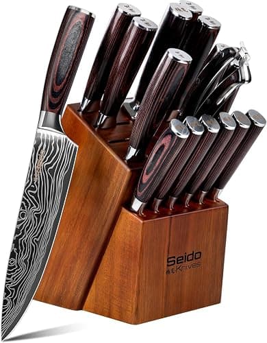 17-Piece Master Chef Knife Block Set – Damascus Steel & Acacia Wood Block - Image 1