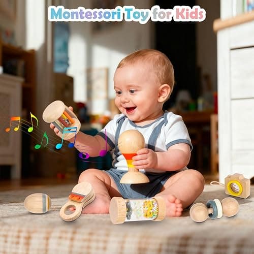 Montessori Wooden Baby Toys 0-12 Months, 7-Piece Sensory Rattle & Music Set | Rain Sound Tube and Rattle Roller for grasping, shaking, rolling, sound discovery and visual exploration with Storage Bag thumbnail 2