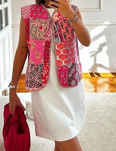 Yimoon Women's Cropped Quilted Vest Floral Printed Puffer Vest Lightweight Sleeveless Tie Front Padded Gilet Outwear thumbnail 3