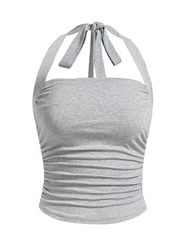 SOLY HUX Women's Ruched Halter Y2K Crop Tops Tie Back Sleeveless Slim Fit Cami Tops - X-Small - Plain Light Grey - Image 1