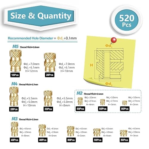 Kadrick 520Pcs M2 M3 M4 M5 Threaded Inserts Assortment Kit for 3D Printing Components, Metric Brass Knurled Nuts, Insert by Heat into Plastic Parts thumbnail 2