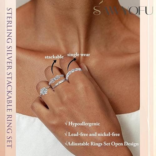 sawyofu Sterling Silver Adjustable Rings For Women 4pcs Cubic Zirconia 925 Silver Plated Wedding Stacking Rings Sets For Women Jewellery thumbnail 4