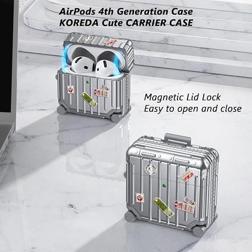 KOREDA Compatible with AirPods 4 Case Cover, Funny Suitcase Design Case for Airpods 4th Generation 2024, Cute Fashion Protective Hard Case with Cleaner Kit & Keychain (Silver) thumbnail 8