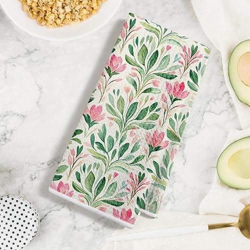 4 Pcs Watercolor Floral Kitchen Towels, Artistic Pink Green Decorative Absorbent Microfiber Dish Cloth Tea Towel, Durable Waffle Hand Towels for Farmhouse Home Bathroom, Housewarming Gifts thumbnail 2