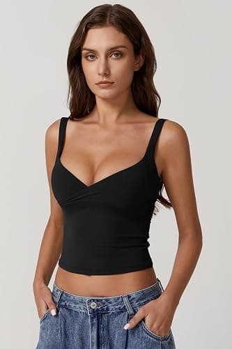 QINSEN Women's V Neck Tank Tops Double Lined Adjustable Strap Camisole Shirt thumbnail 4