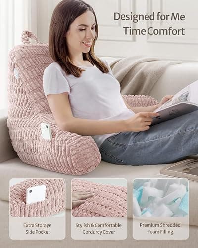 Blissful Diary Reading Pillow, Large Backrest Pillow with Shredded Memory Foam for Adult & Children, Designed for Bed and Couch Sitting Up, Includes Arms, Pockets and Washable Cover, Pale Pink thumbnail 3