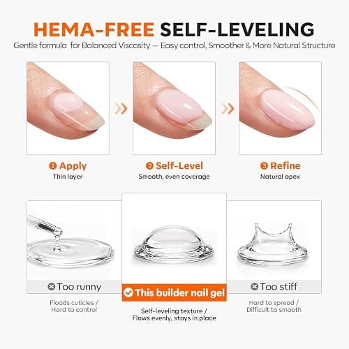 modelones Builder Nail Gel HEMA-Free Clear, Gentle Formula Self Leveling | 7-in-1 Crystal Clear Self-Leveling Strengthener for Natural Apex, Nail Extension, Non-Yellowing, Beginner Friendly U/V Cured thumbnail 8