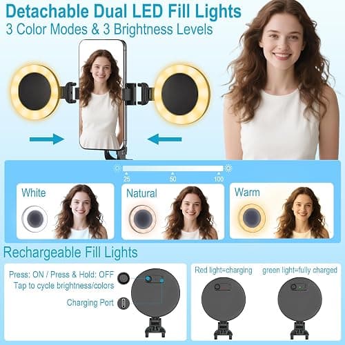 71" Content Creator Essentials Vlogging Kit - 2 Lights & 2 Mics, 360° Rotating Auto Face Tracking Tripod for iPhone/Android/Camera with Wireless Remote, No App for Vlog, Live, Video Record thumbnail 5