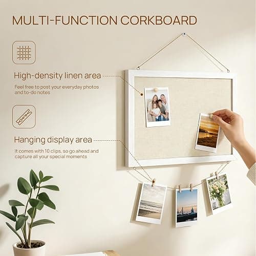 DOLLAR BOSS Double-Sided Bulletin Boards with Linen, 16"x12" 1PC Cork Board | Corkboards for Walls, Small Pin Board, Wood Framed, Decorative Hanging, For Home Kitchen Office, 10 Pushpins 10 Clips thumbnail 5
