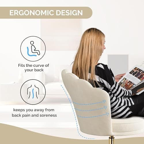 Aivermeil Modern Velvet Vanity Chair with Gold Base, Swivel Office Chair with Lumbar Pillow, Adjustable Rolling Task Chair for Condo, Bedroom & Vanity，Beige thumbnail 7