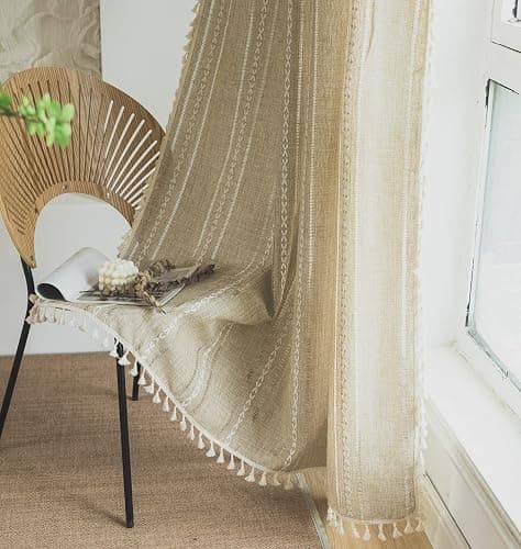 Sutuo Home Boho Curtain for Bedroom Living Room 84 Inches Length, Light Filtering French Country Farmhouse Vintage Chic Tassels Hollow Window Treatment Bohemian Drape, 1 Panel 52" W x 84" L Natural thumbnail 9