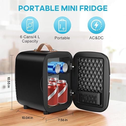 DUMOS Mini Fridge for Bedroom, 4L Compact Personal Fridge Cooler For Skincare, Drinks, And Snacks, Fits 6 Cans, Mini Refrigerator with 110V Ac/12V Dc, Ideal For Car, Dorm, Black thumbnail 3