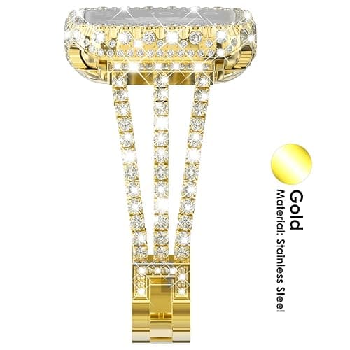 Surace Gold Apple Watch Bands 40mm for Women Series 6 5 4, Bling Diamond Rhinestone Link Bracelet with 2 in 1 Waterproof Bling Case Lace Edge Diamond Protective Bumper Face Cover, Gold thumbnail 3