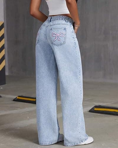 Flvsun Women's Y2k Bow Low Rise Baggy Jeans 2025 Fall Embroidery Wide Leg Boyfriend Denim Pants thumbnail 5