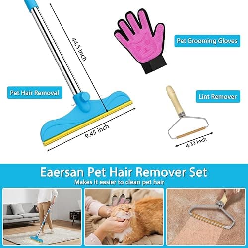 Eaersan 3 in 1 Carpet Rake Kit for Pet Hair Removal Tool - 45” Adjustable Long Handle Pet Hair Remover, Reusable Carpet Scraper Dog Cat Deep Hair Cleaner Remover Tool for Rugs, Mats, Couch, Furniture thumbnail 2